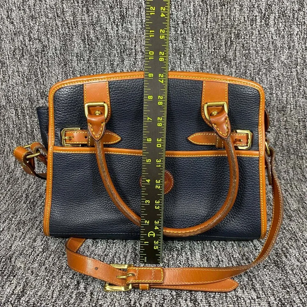 Vtg Dooney Bourke All Weather Leather Cavalry Satchel Bag Navy British Tan Purse